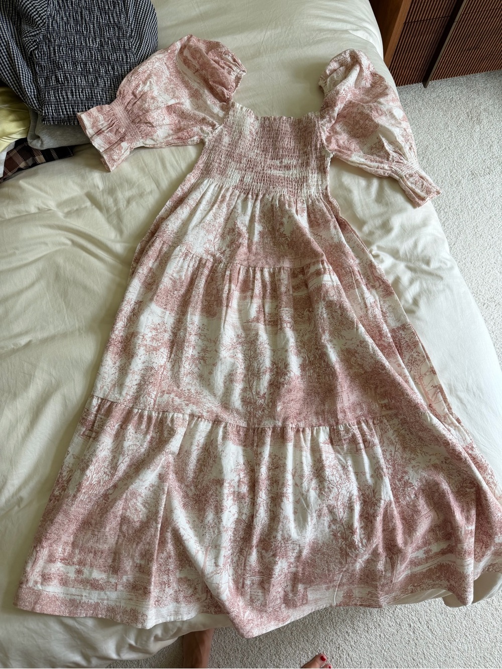 Smocked Puff-Sleeve Midi Dress in Dusty Pink Toile